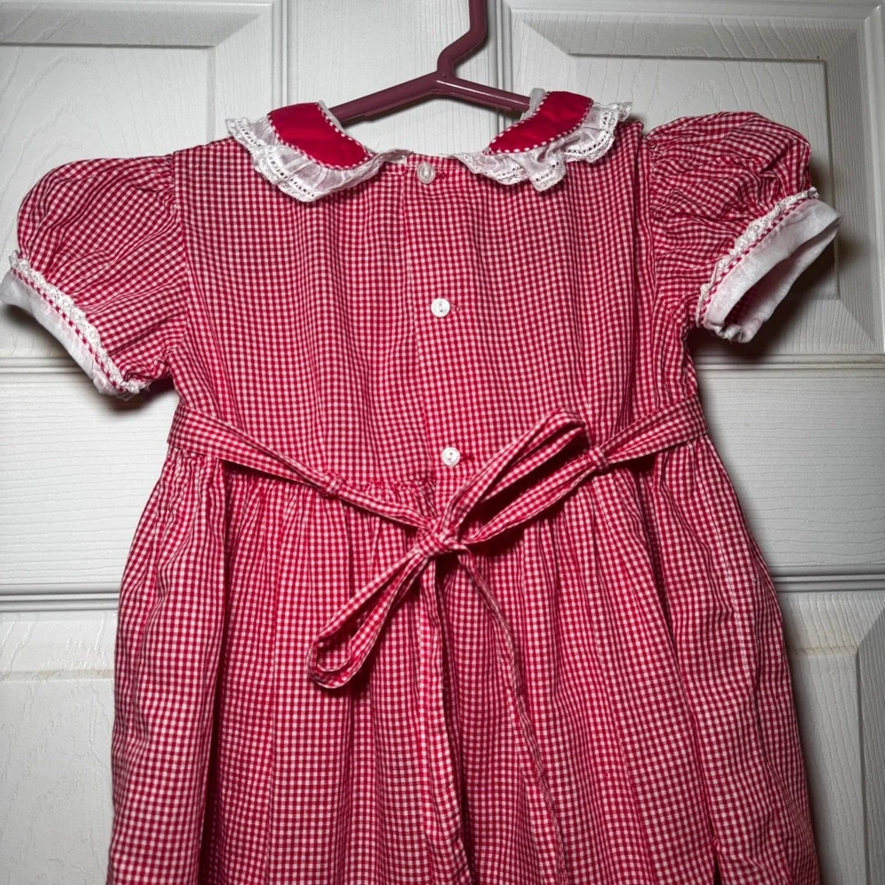 Vintage 1950s Mastro Red Gingham Girls Dress with Lace & Organza Trim